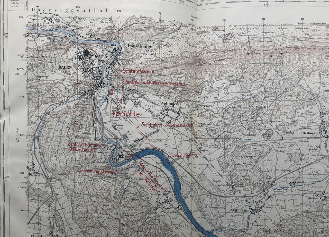 Ein Foto einer Landkarte, die die Region rund um das ewz Wettingen mit Fokus auf den Staubereich zeigt.