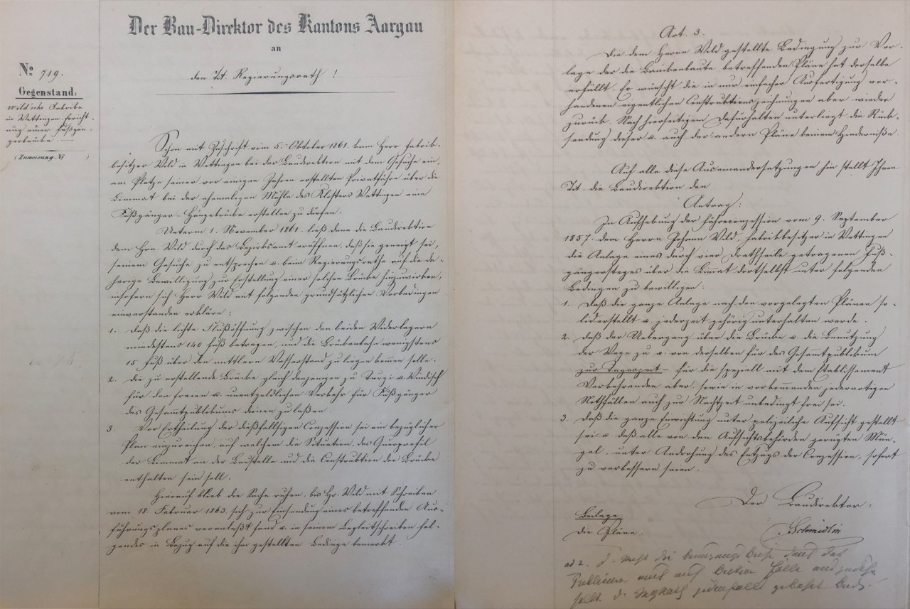 Dokument in alter Schrift mit dem Titel Der Baudirektor des Kantons Aargau.