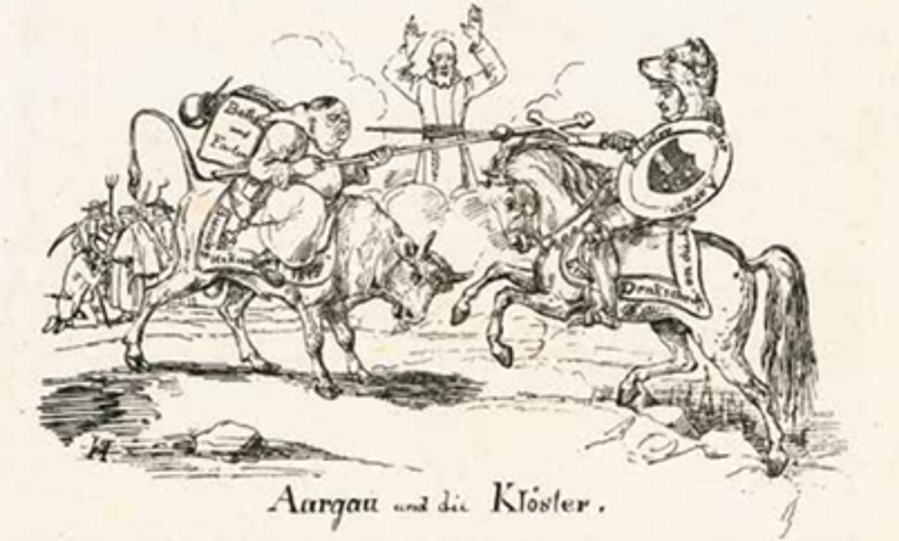 Hoch zu Ross verteidigt auf dieser Karikatur von 1841 der liberal-radikal regierte Kanton Aargau mit Unterstützung Berns die Aufhebung der Klöster. Auf der Gegenseite kämpft der mit einem Kreuz bewehrte Mönch auf dem Stier als Stellvertreter der Konservativen für die Wiederherstellung der Klöster.