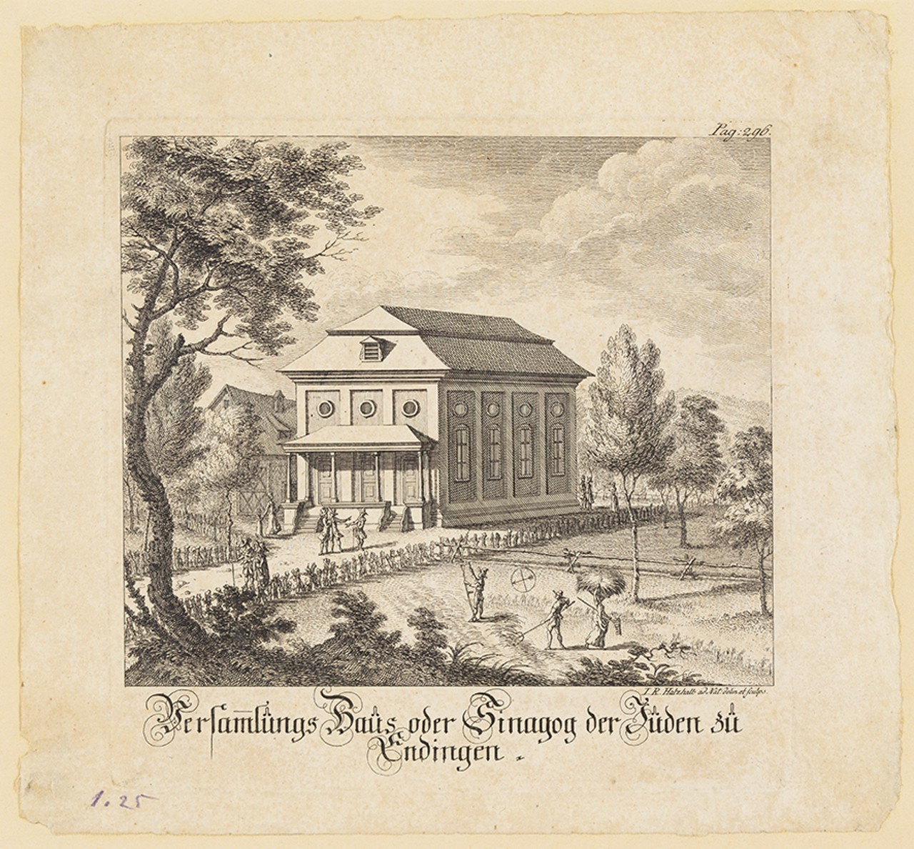 Der Kupferstich der Synagoge in Endingen ist leicht vergilbt. Die Synagoge befindet sich umgeben von ein paar Bäumen auf freiem Feld.