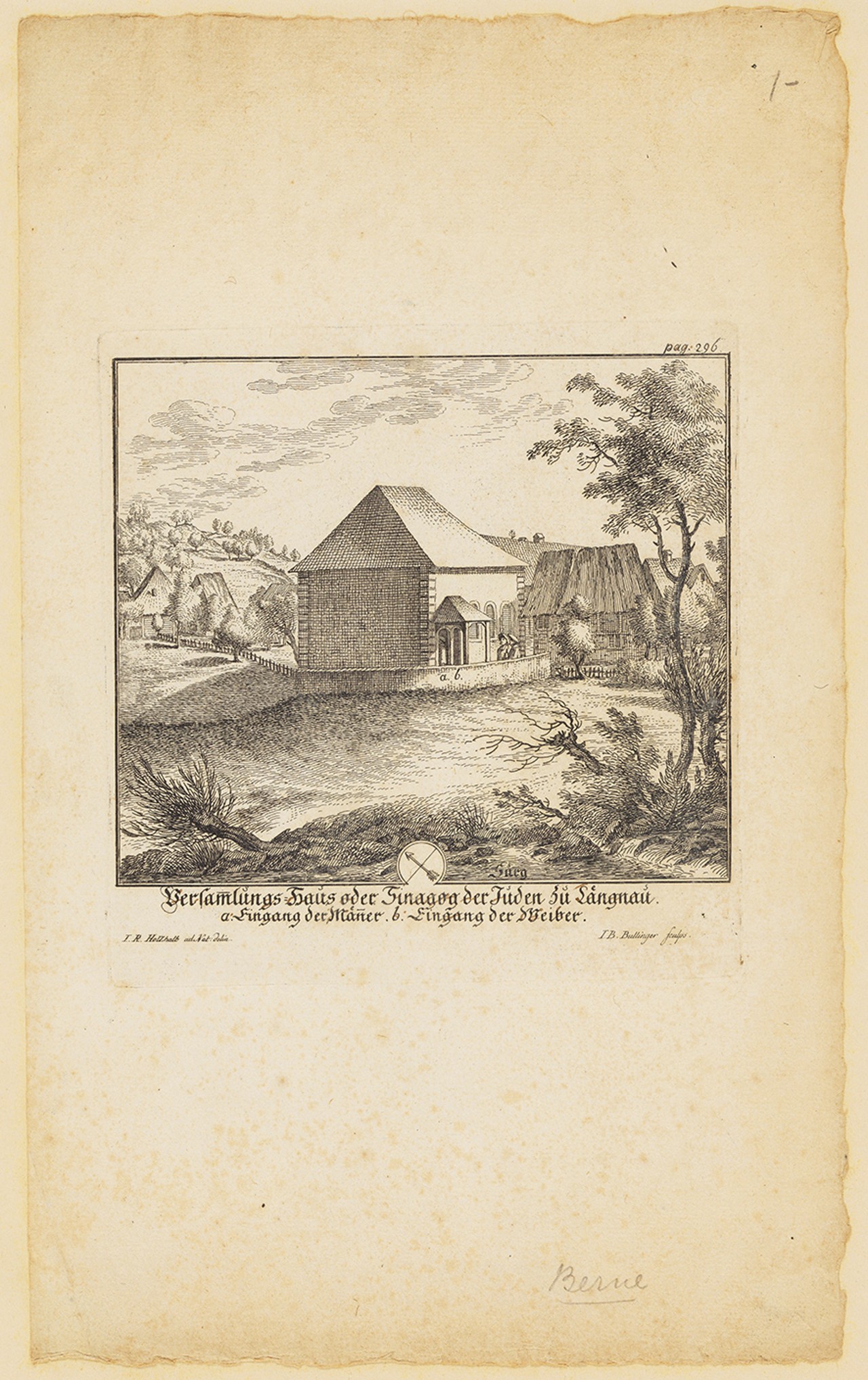 Der Kupferstich der Synagoge von Lengnau ist vergilbt. Die Synagoge befindet sich leicht abseits des Dorfes und ist umgeben von einer Wiese und ein paar Bäumen.