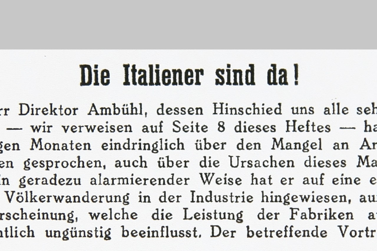 Ein Ausschnitt aus der Hauszeitschrift der ehemaligen BBC heute ABB mit dem Titel Die Italiener sind da.