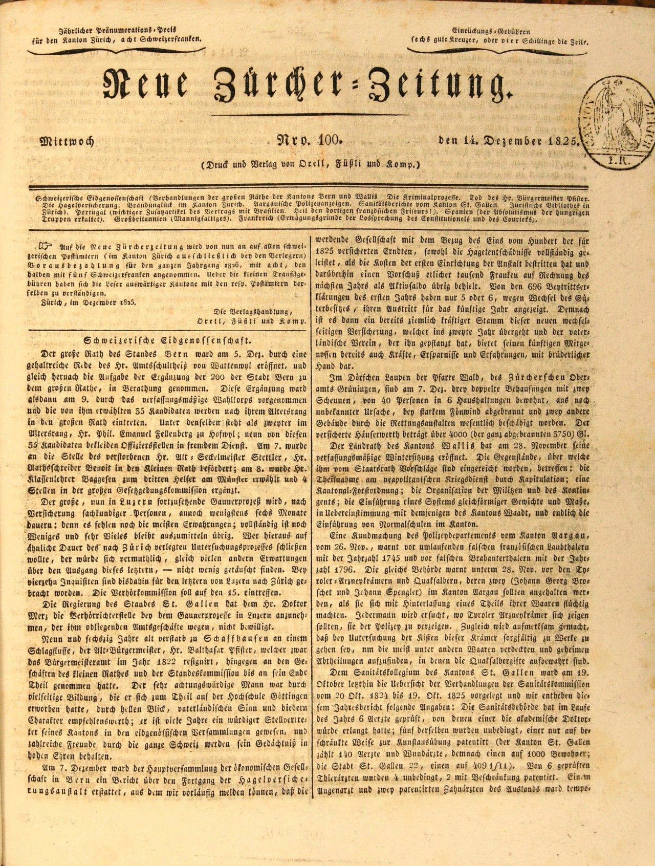 Scan einer historischen Zeitungsausgabe der "Neuen Zürcher Zeitung" vom 16. Dezember 1825, Ausgabe Nr. 100, mit lesbarem Text in zwei Spalten und einem sichtbaren Siegel oben rechts.