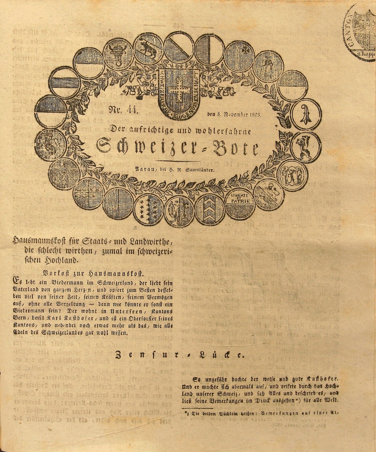 Historische Zeitungsseite mit dem Titel "Schweizer Bote", herausgegeben am 3. November 1825, verziert mit einer ovalen Anordnung von Wappen und einem Textblock darunter.