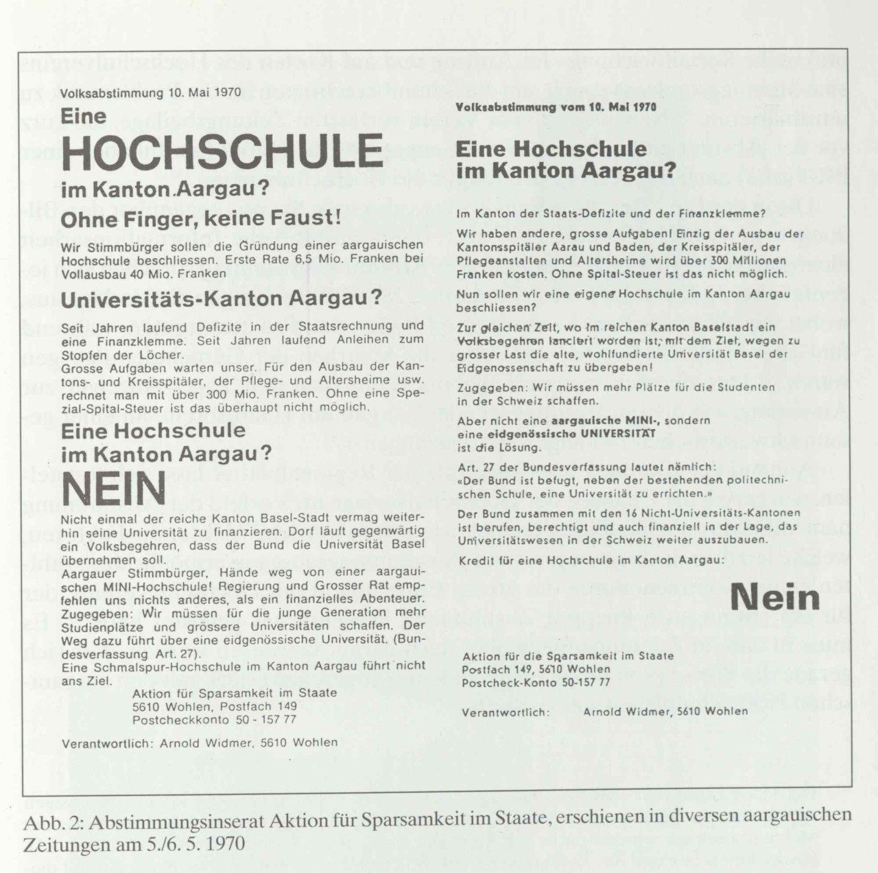 Wahlinserat in einer Zeitung mit Text in zwei Spalten. Gross und prägnant die Worte Nein und Hochschule.