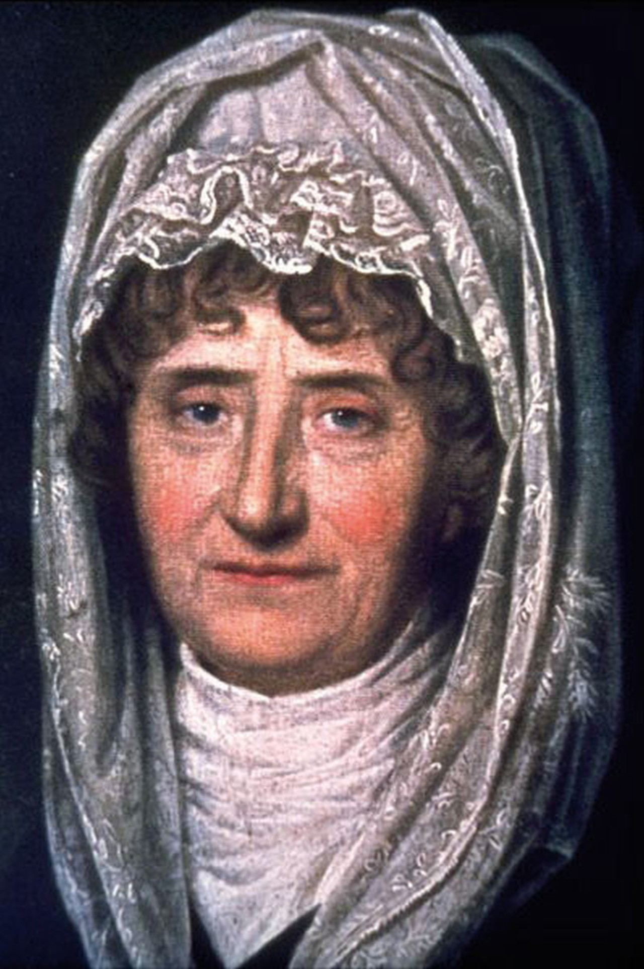 Gemälde einer älteren Frau mit braunen Locken und weisser Haube.