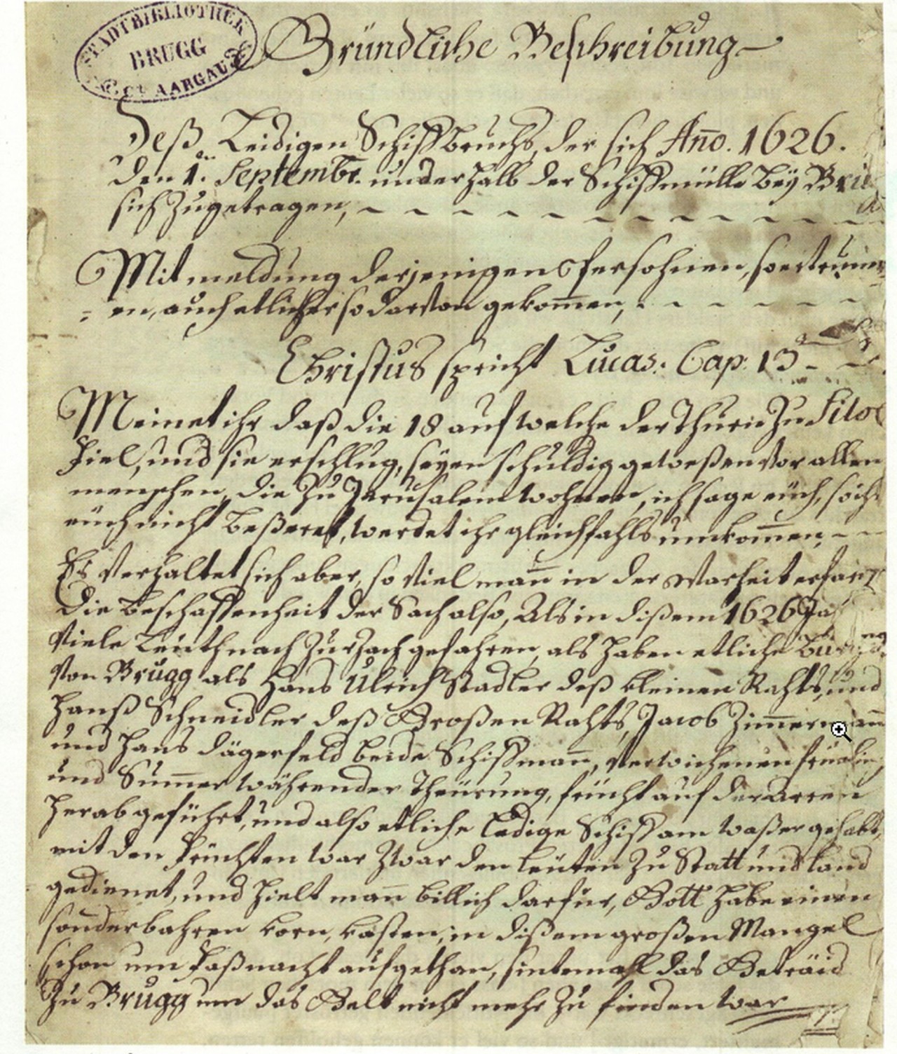 Handschriftliche, historische Dokumentseite aus dem Jahr 1626 mit detailliertem Text, teilweise verblasst, verziert mit einem ovalen Stempel oben links mit der Aufschrift "ARCHIV DER BURGERGEMEINDE ZUR ALTEN AE" AARGAU.