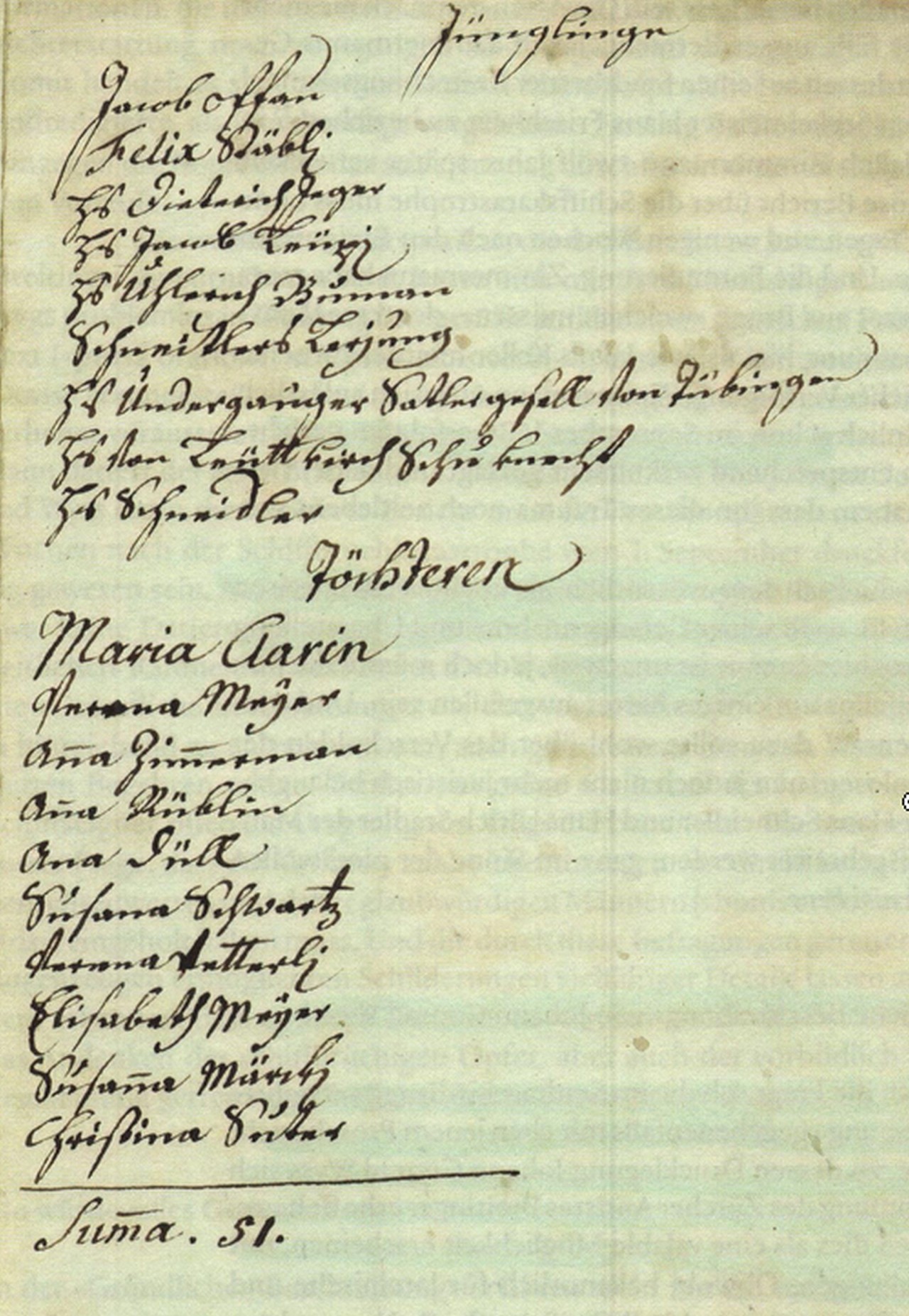 Handschriftliche Liste auf vergilbtem Papier mit Namen unter den Überschriften Jungfrauen und Fröscheren. Unten steht "Suma. 51.". Text teilweise schräg und unregelmässig geschrieben.