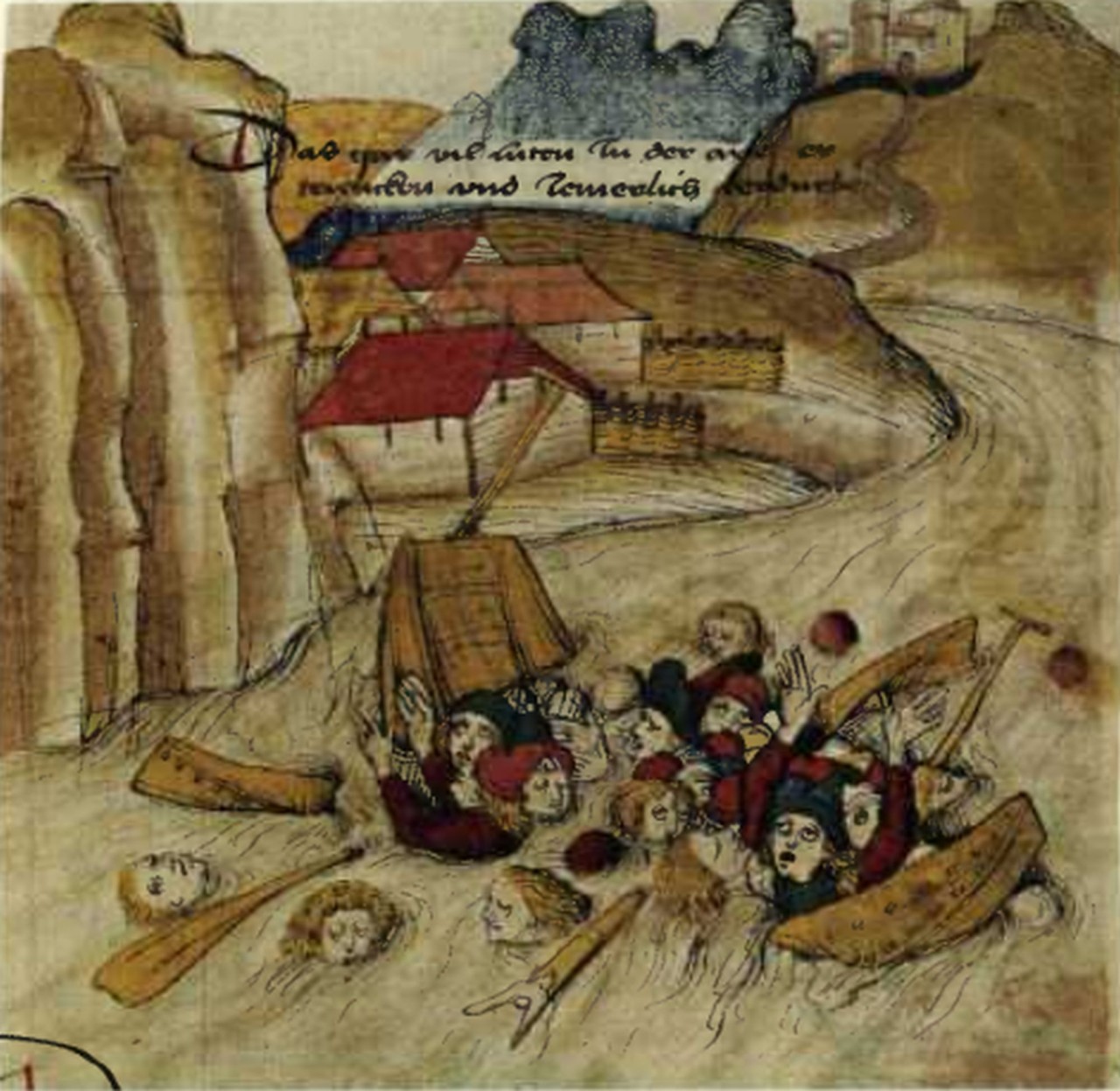 Historische Zeichnung eines Hochwassers: Menschen und Holztrümmer in einem reissenden Fluss unterhalb einer steilen Felswand. Gebäude und Stadt im Hintergrund. Text im oberen Bereich des Bildes.