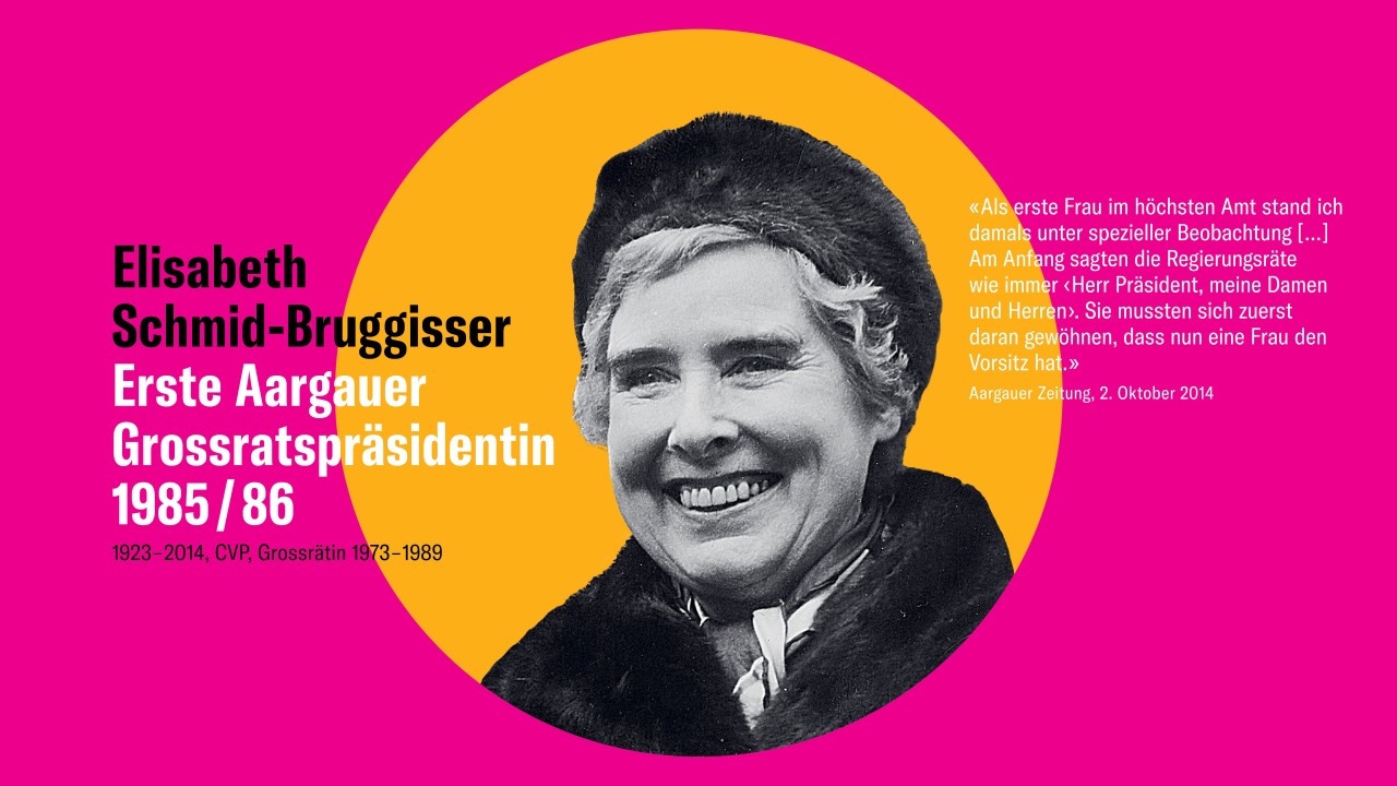 Schwarz-weiss-Foto einer Frau in einem orangen Kreis vor pinkem Hintergrund. Daneben ihr Name und ihre Funktion und ein Zitat aus der Aargauer Zeitung.