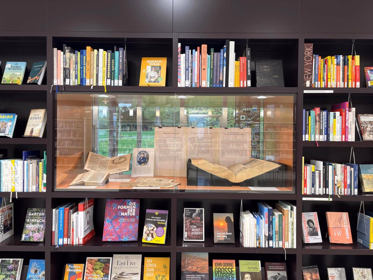 Vitrine mit ausgestellten Büchern und Plakaten in einem Bücherregal von einer Bibliothek.