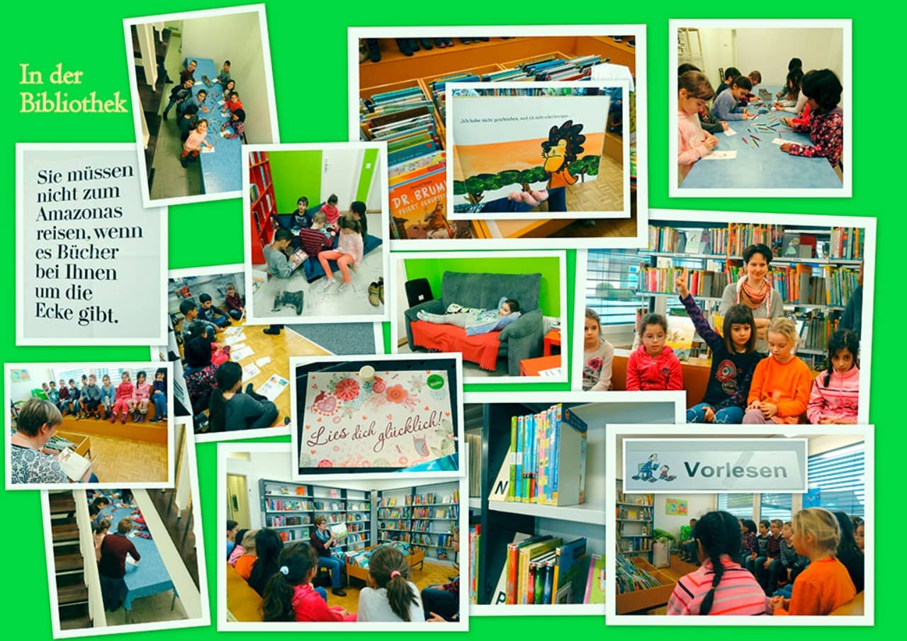 Collage aus verschiedenen Fotos mit Kindern in der Bibliothek