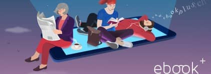 Symbolbild für das Angebot für ebookplus. Drei Personen entschweben beim Lesen und Hörbuch hören dem Alltag.