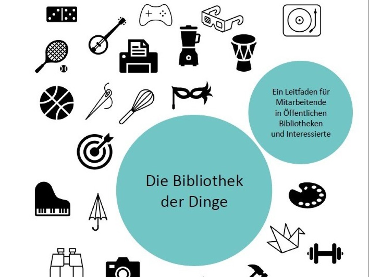 Zwei türkise Blasen mit Text vor weissem Hintergrund mit schwarze Icons, die verschiedene Alltagsdinge symbolisieren.