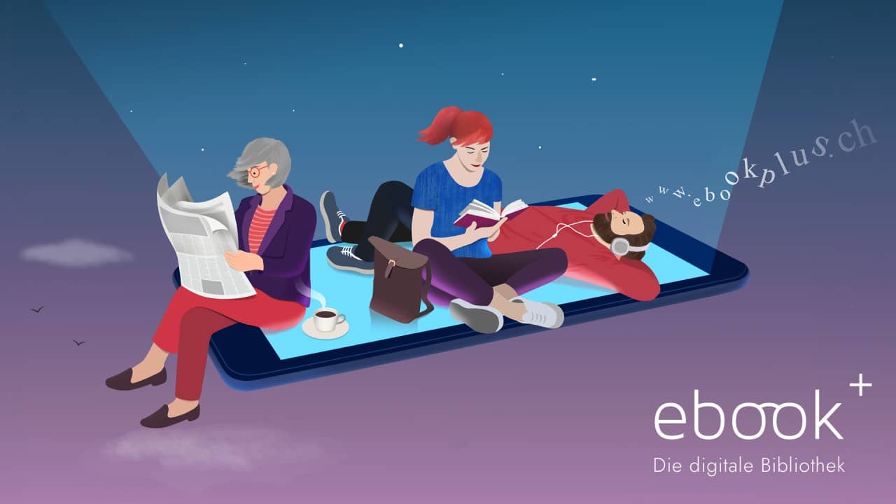 Symbolbild für das Angebot für ebookplus. Drei Personen entschweben beim Lesen und Hörbuch hören dem Alltag.