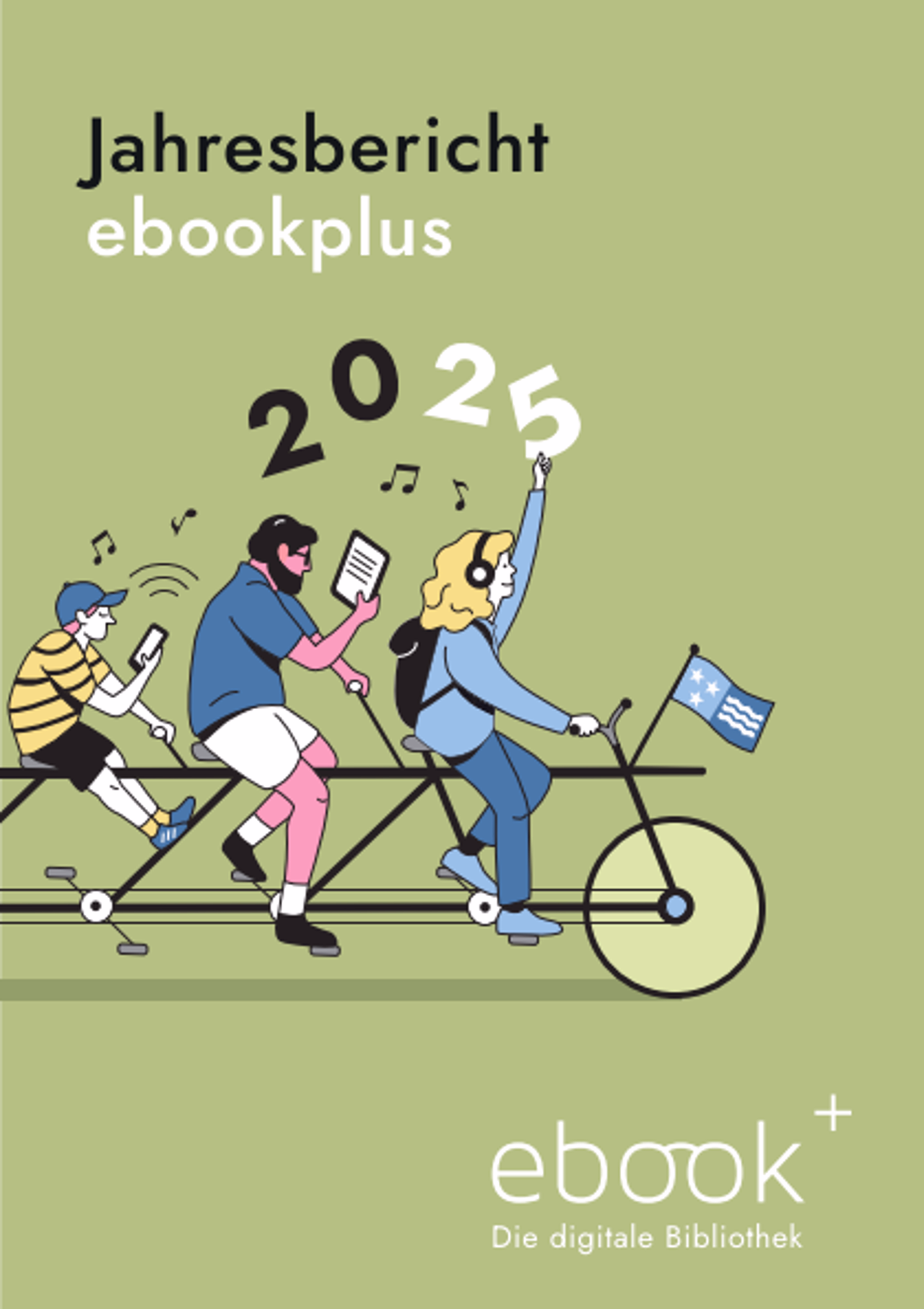 Illustration zeigt drei Figuren mit elektronischen Geräten auf einem Tandem vor grünem Hintergrund.