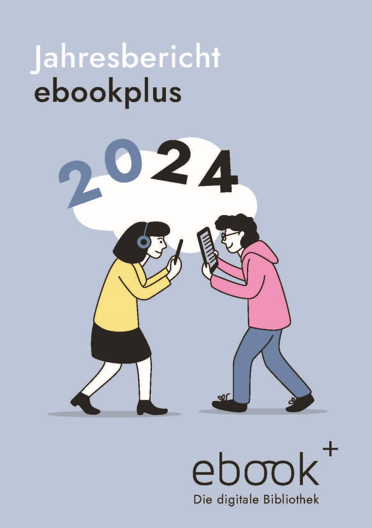Illustration mit zwei Personen mit elektronischen Geräten und Kopfhörern vor violettem Hintergrund mit weisser Wolke und der Jahreszahl 2024.