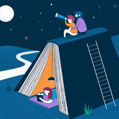 Bunte Illustration mit Figuren, die sich in einem Park bei Nacht aufhalten, lesen und in die Sterne schauen. Ein Buch ist als Zelt aufgeschlagen.