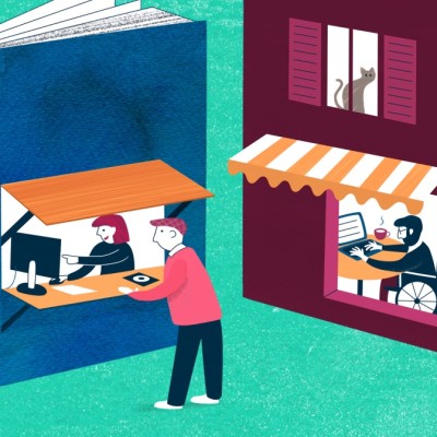 Bunte Illustration mit Büchern als Geschäfte und Figuren, die an Tischen sitzen und lesen.