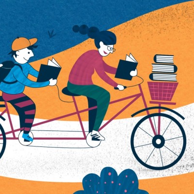 Bunte Illustration mit Figuren, die auf einem Tandem durch die Landschaft fahren und dabei in Büchern lesen.