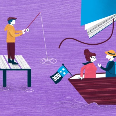Bunte Illustration einem Boot auf einem See. Das Boot hat ein Buch als Segel.