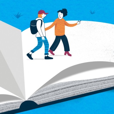 Illustration mit einem aufgeblätterten Buch auf dem sich Figuren durch die Landschaft bewegen.