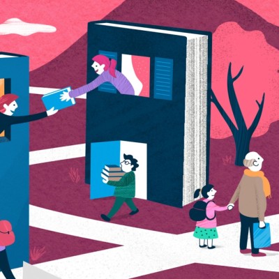 Bunte Illustration mit Büchern, die wie Häuser in der Landschaft stehen und ein Dorf bilden. Viele Figuren sind im Bild unterwegs.