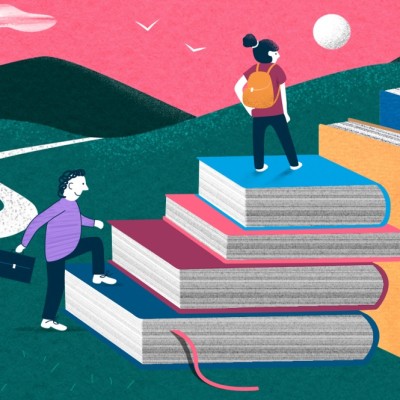 Bunte Illustration mit Büchern, die in der Landschaft stehen und einen Berg und eine Kletterwand bilden. Figuren wandern und klettern.