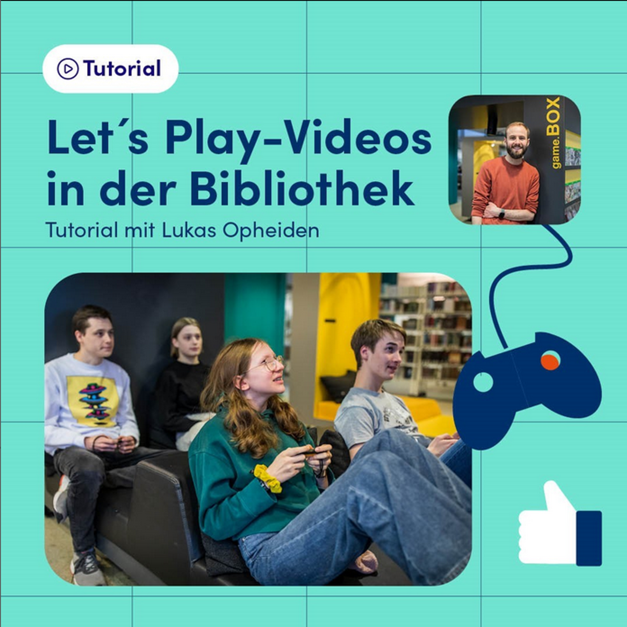 Foto von vier jungen Menschen beim Gamen auf türkisem Hintergrund.