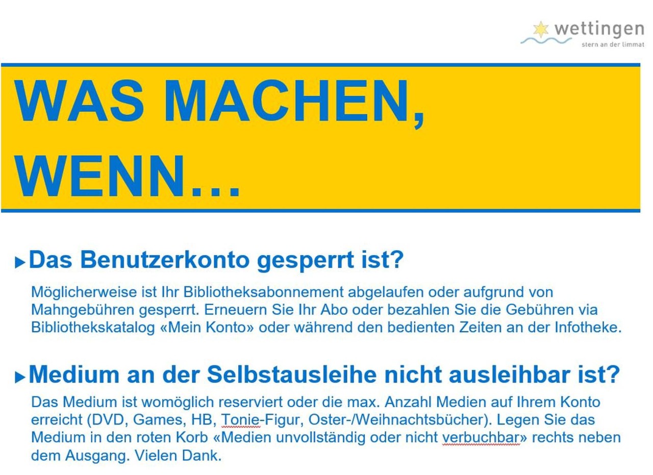 Weisse Präsentationsfolie mit Text in blau, Logo der Gemeinde Wettingen oben rechts und einem gelben Balken mit Text Was wäre wenn... in blauer Schrift.