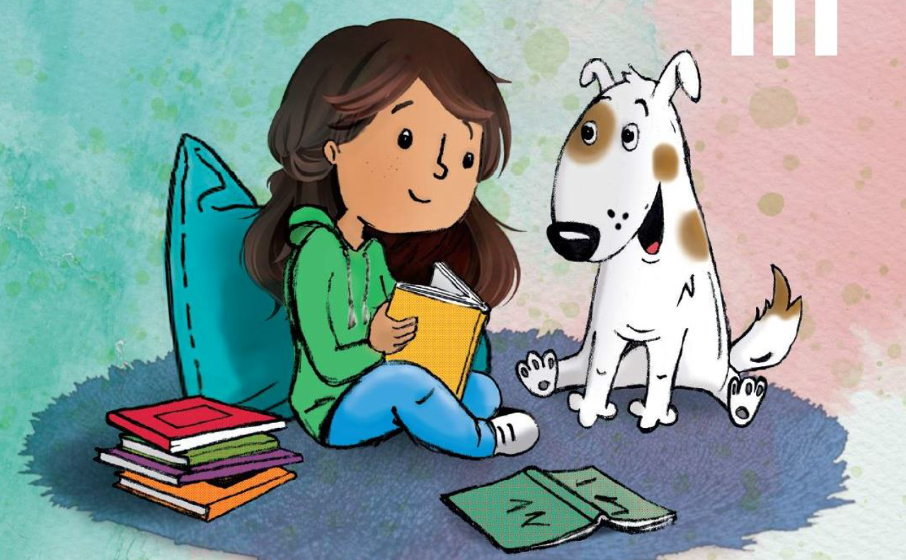 Illustration von einem Mädchen, das neben einem Hund sitzt und liest.