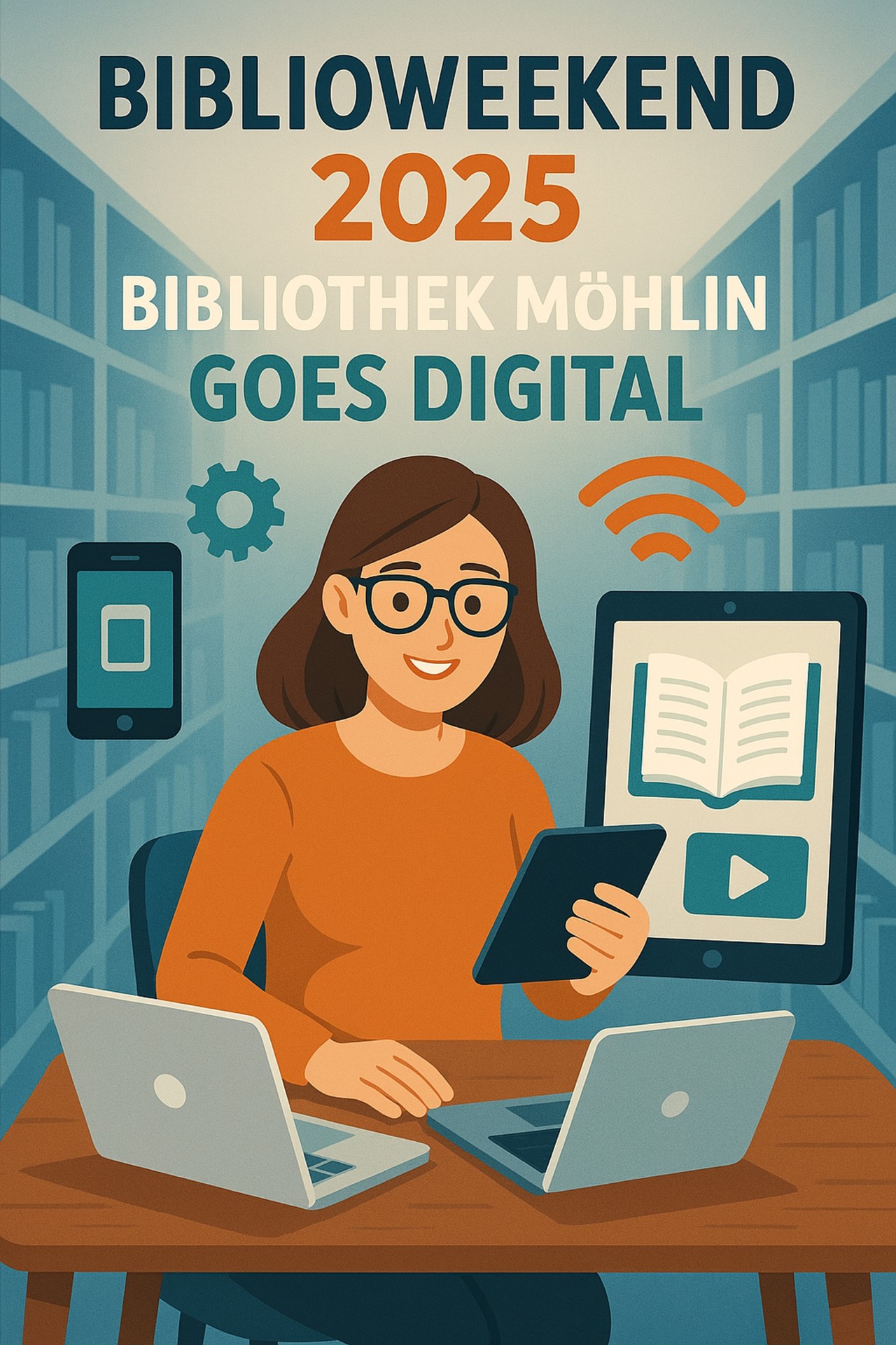 Mit künstlicher Intelligenz erstelltes Bild, zeigt eine illustrierte Frau mit braunen Haaren, Brille und orangenem Oberteil an einem Schreibtisch mit technischen Geräten und umgeben von digitalen Icons. Blauer Hintergrund mit Bücherregalen links und rechts. Darüber der Titel "Biblioweekend 2025. Bibliothek Möhlin goes digital"