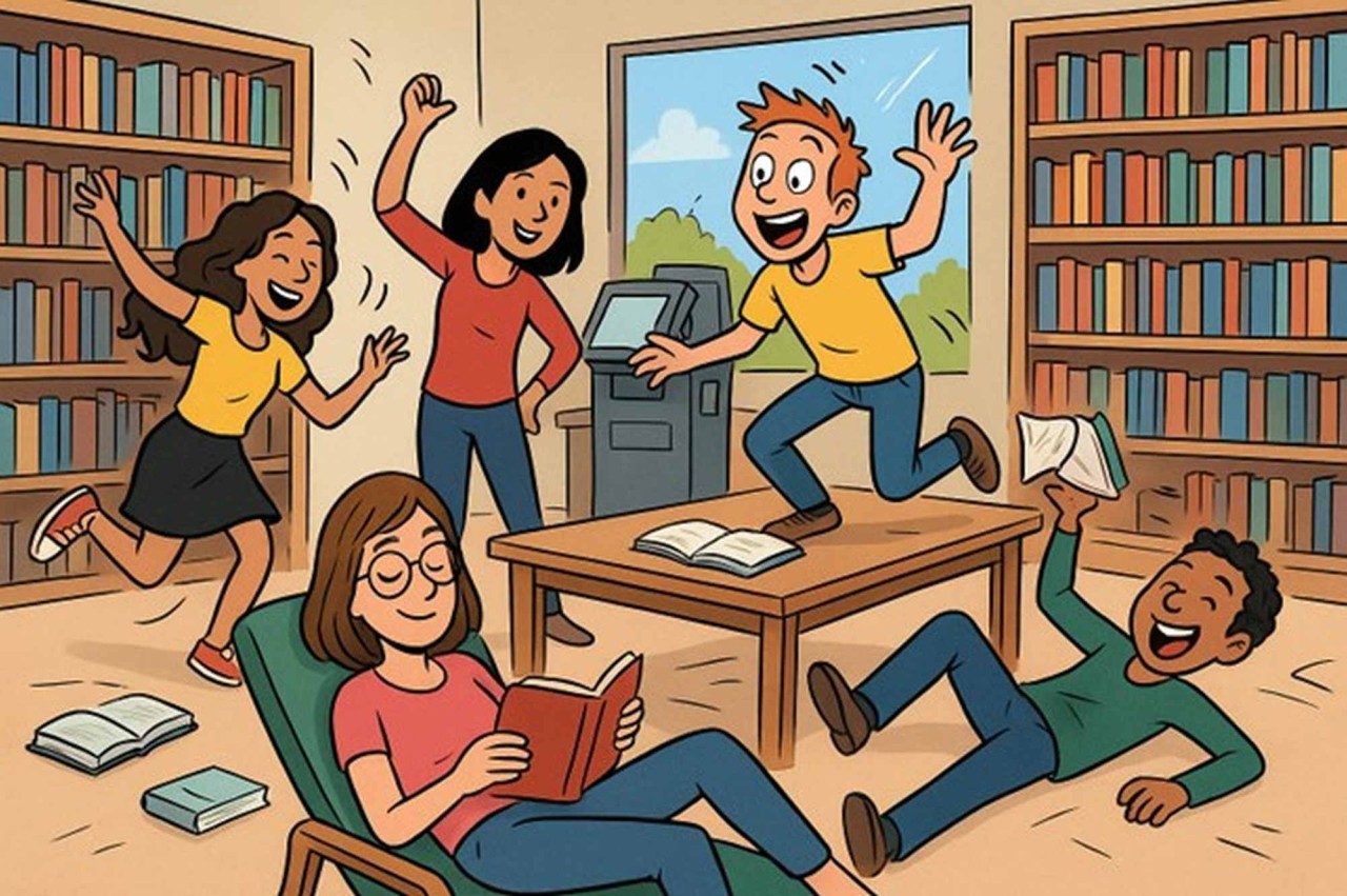 KI generierte Illustration mit Kindern, die in einer Bibliothek toben und einer Frau, die mit Buch auf einem Lesesessel liegt und lächelt.