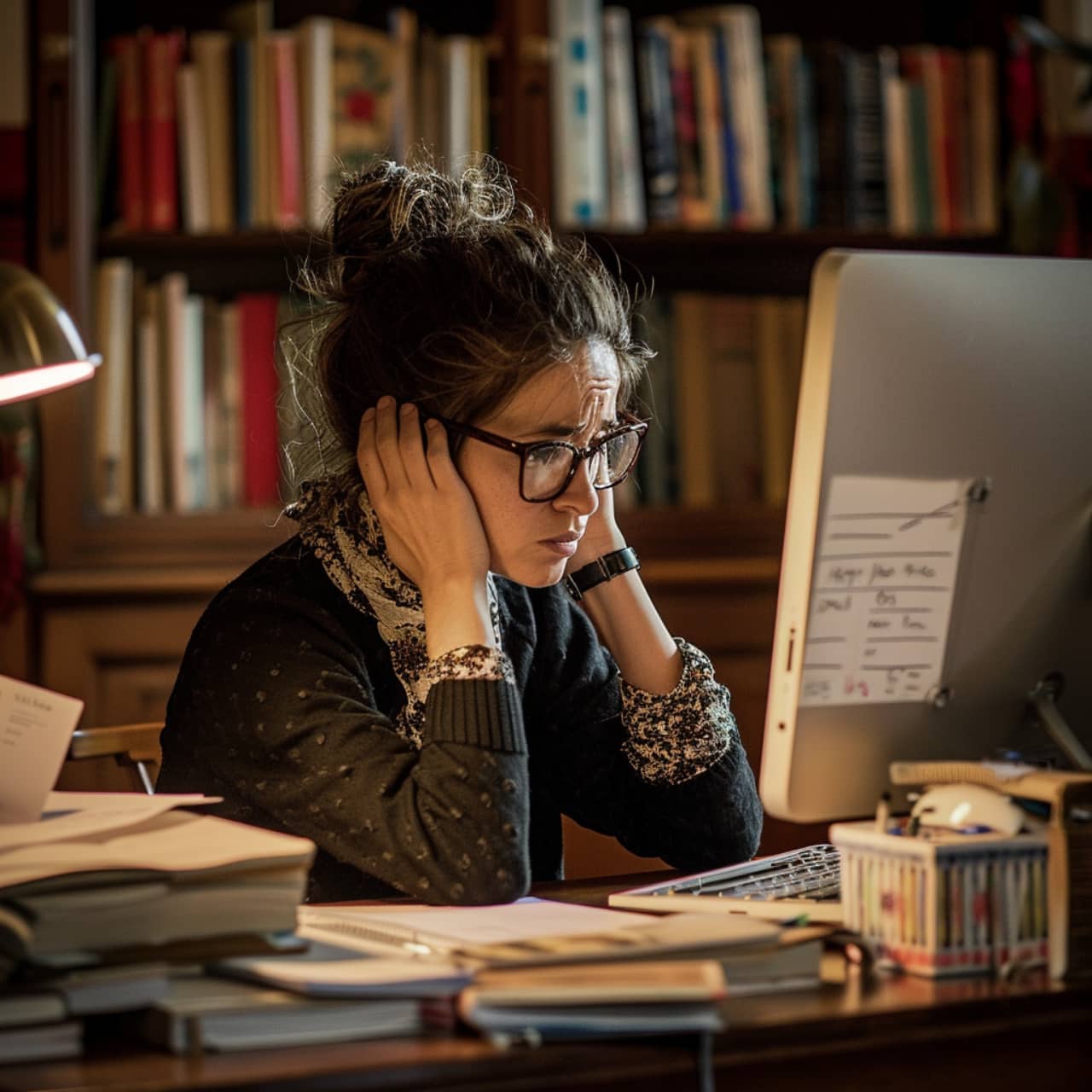Eine Bibliothekarin sitzt überfordert an einem Computer und hält sich die Ohren zu. Sie ist umgeben von Papierstapeln und Büchern.
