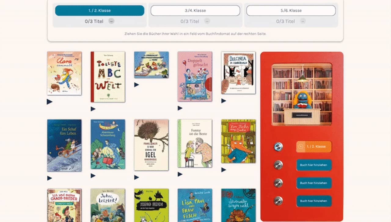 Ausschnitt einer Website zweigt verschiedene Cover von Kinderbüchern und einen roten Automaten zum Abspielen.