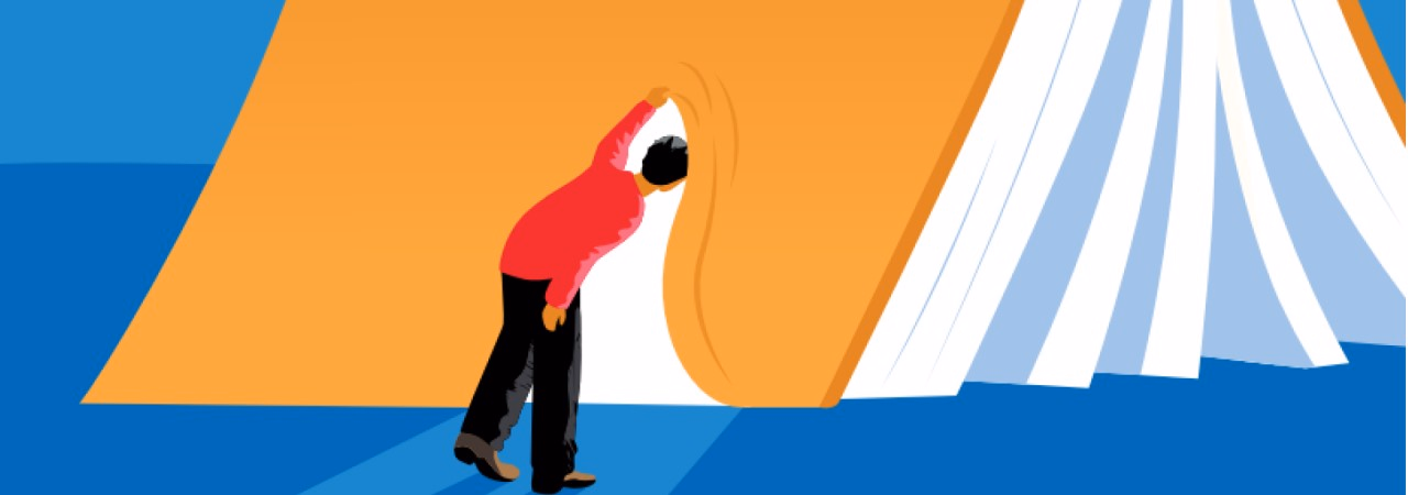 Visual mit blauem Hintergrund und einem Buch, das von einer Figur als Zelt genutzt wird.