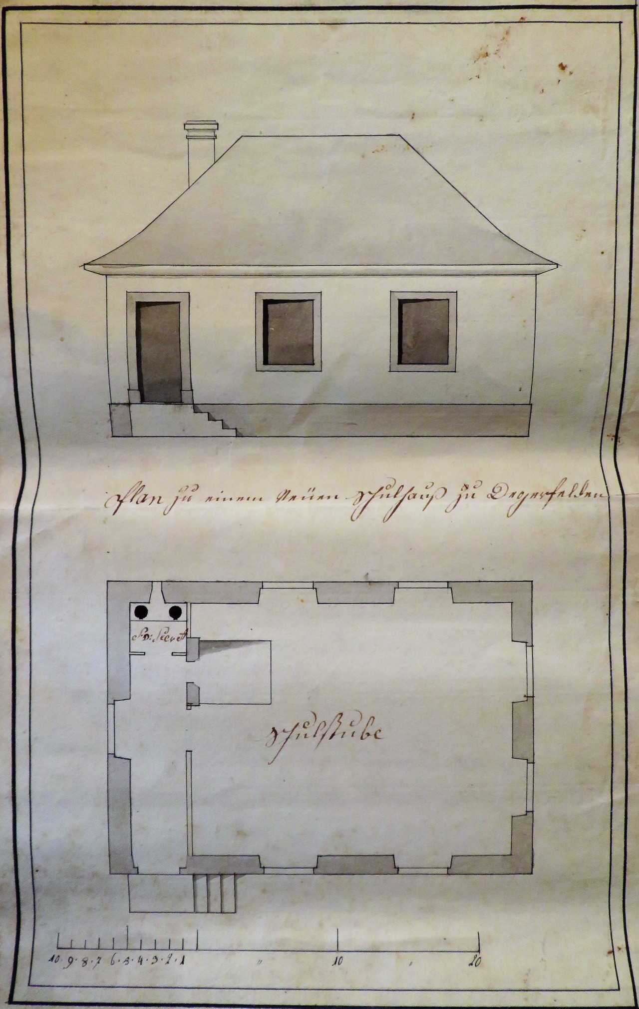 Tegerfelden. Planblatt mit Aufriss und Grundriss des 1793 geplanten reformierten Schulhauses. Pfarrarchiv Tegerfelden.