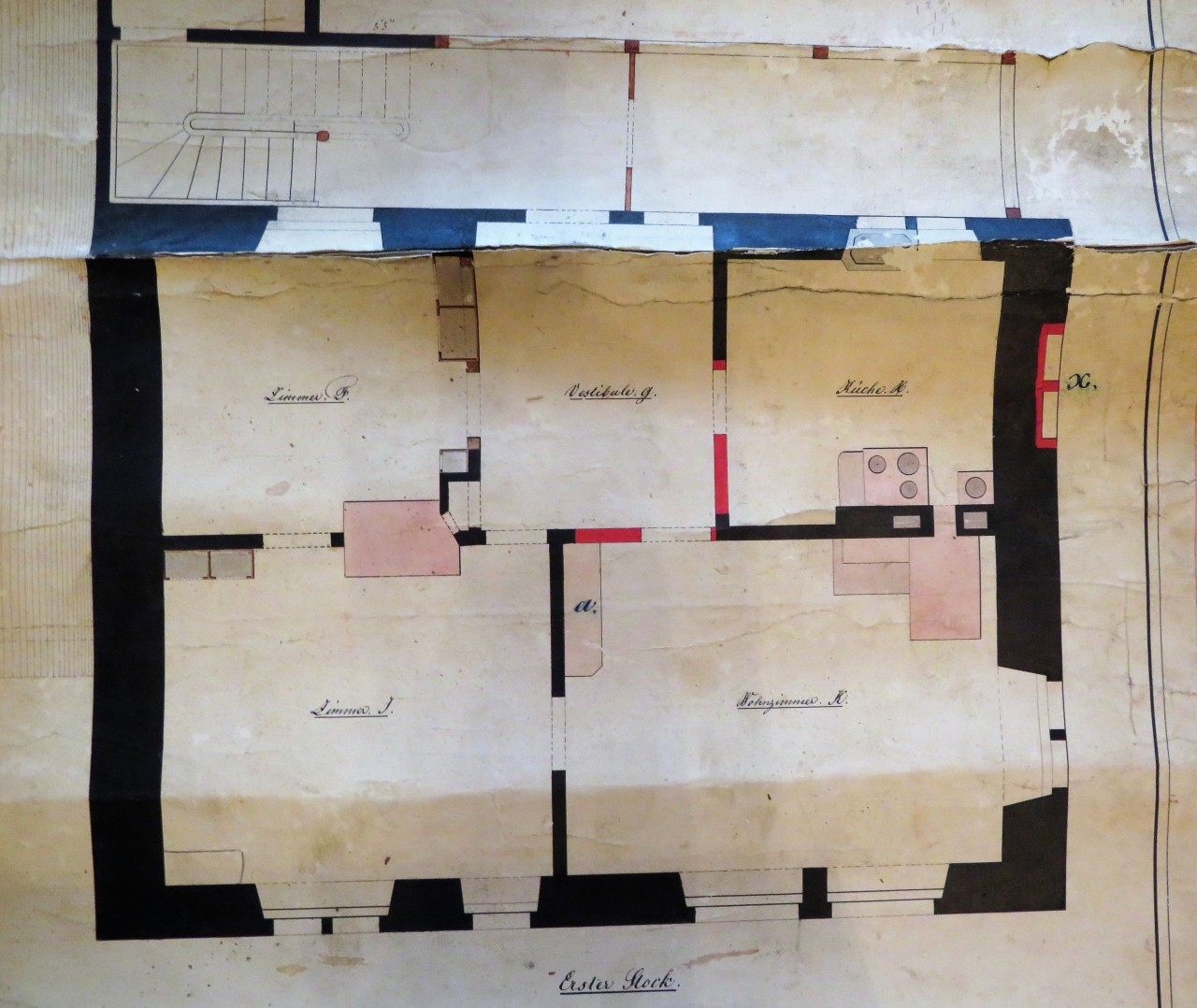 Tegerfelden. Pfarrhaus. Grundriss des 1. Obergeschosses, 1860 gezeichnet von Kantonsbaumeister Rothpletz. Pfarrarchiv Tegerfelden. 