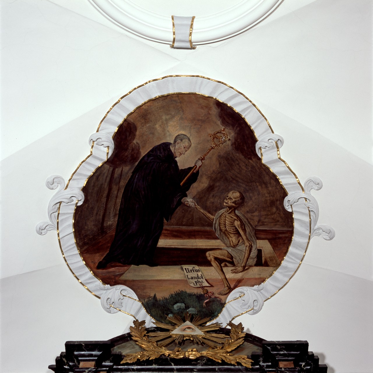 Deckengemälde im Chor der Pfarrkirche Hornussen, um 1712. Mit Fridolins Hilfe entsteigt Ursus seiner Gruft.