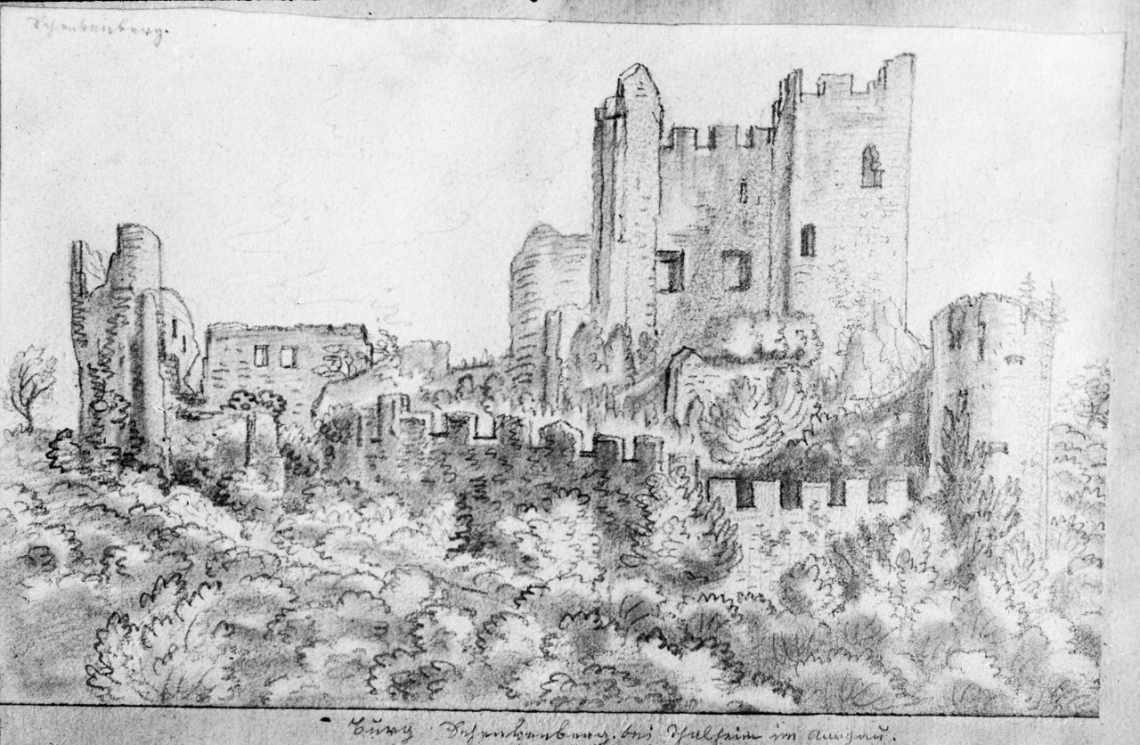 Die Ruine Schenkenberg von Süden, Zeichnung von Ludwig Vogel, 1. Hälfte 19. Jh. 
