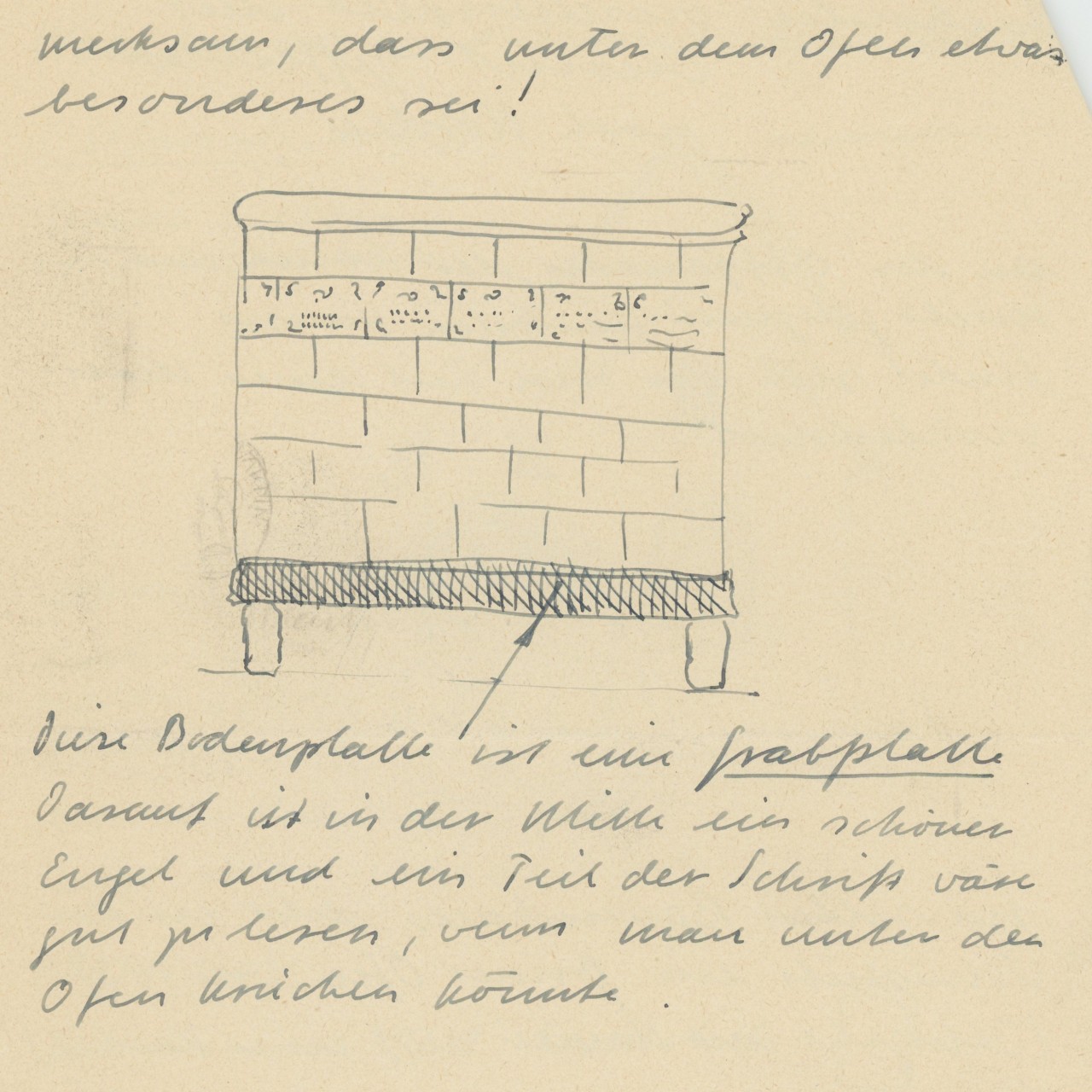 Skizze von Kunstdenkmäler-Autor Michael Stettler von 1947 zum Stubenofen im Haus Kirchgasse 18. 
