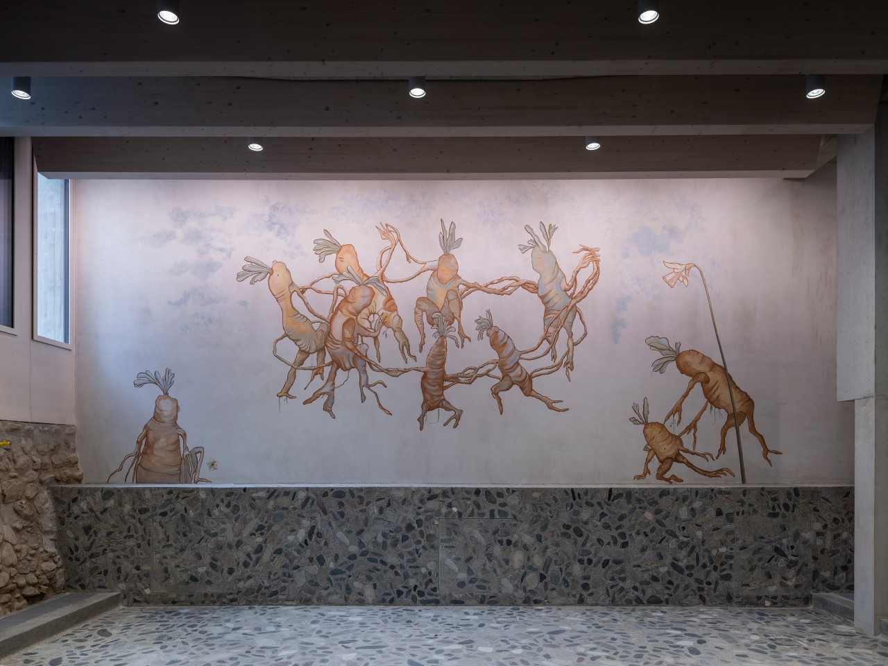 Klodin Erb, Wandgemälde "Reigen der Alraunen" im Westtrakt/Hönggerhaus der Kantonsschule Wettingen.