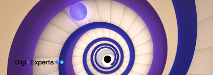 Kleiner Schriftzug DigiExperts mit einer violetten Spirale im Hintergrund