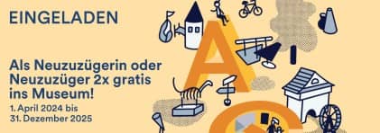 Banner der Aktion Eingeladen mit verschiedenen Illustrationen zum Thema Kultur im Kanton Aargau. Darauf folgender Schriftzug: Als Neuzuzügerin oder Neuzuzüger zwei Mal gratis ins Museum!