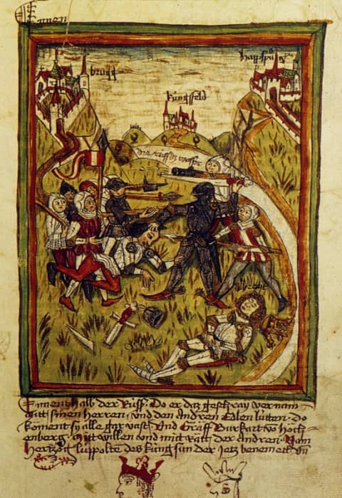 Gemaltes Bild von der Ermordung König Albrechts durch mehrere Personen.
