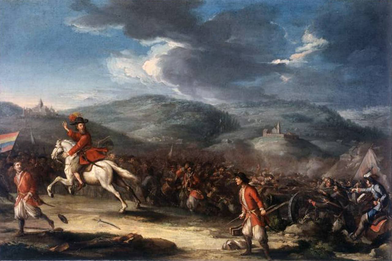 Soldaten flüchten auf Pferden und zu Fuss aus der Schlacht.