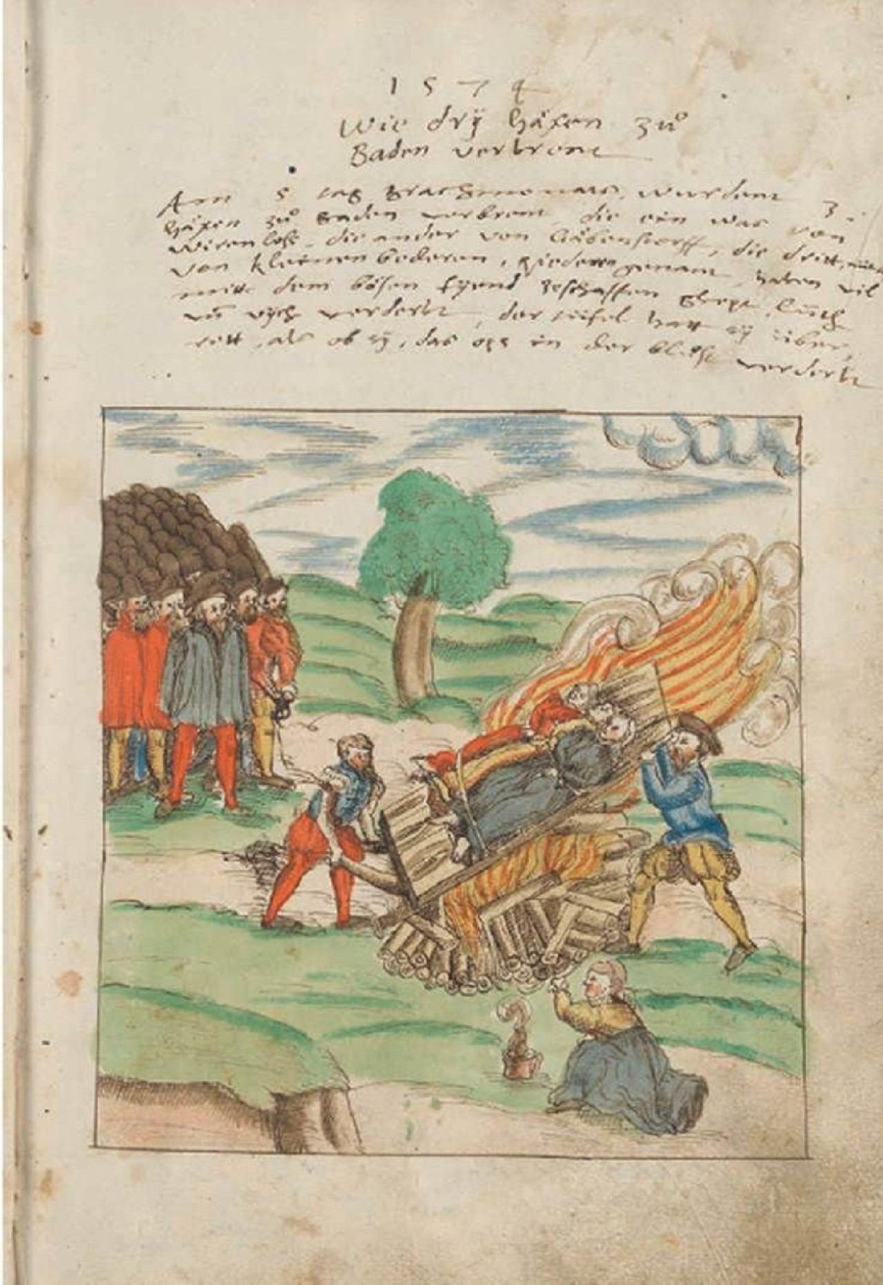 Eine historische Darstellung zeigt drei Frauen auf einem brennenden Holzstapel, umgeben von Zuschauern. Im Hintergrund sind ein Baum und ein Hügel, oben handschriftliche Notizen.