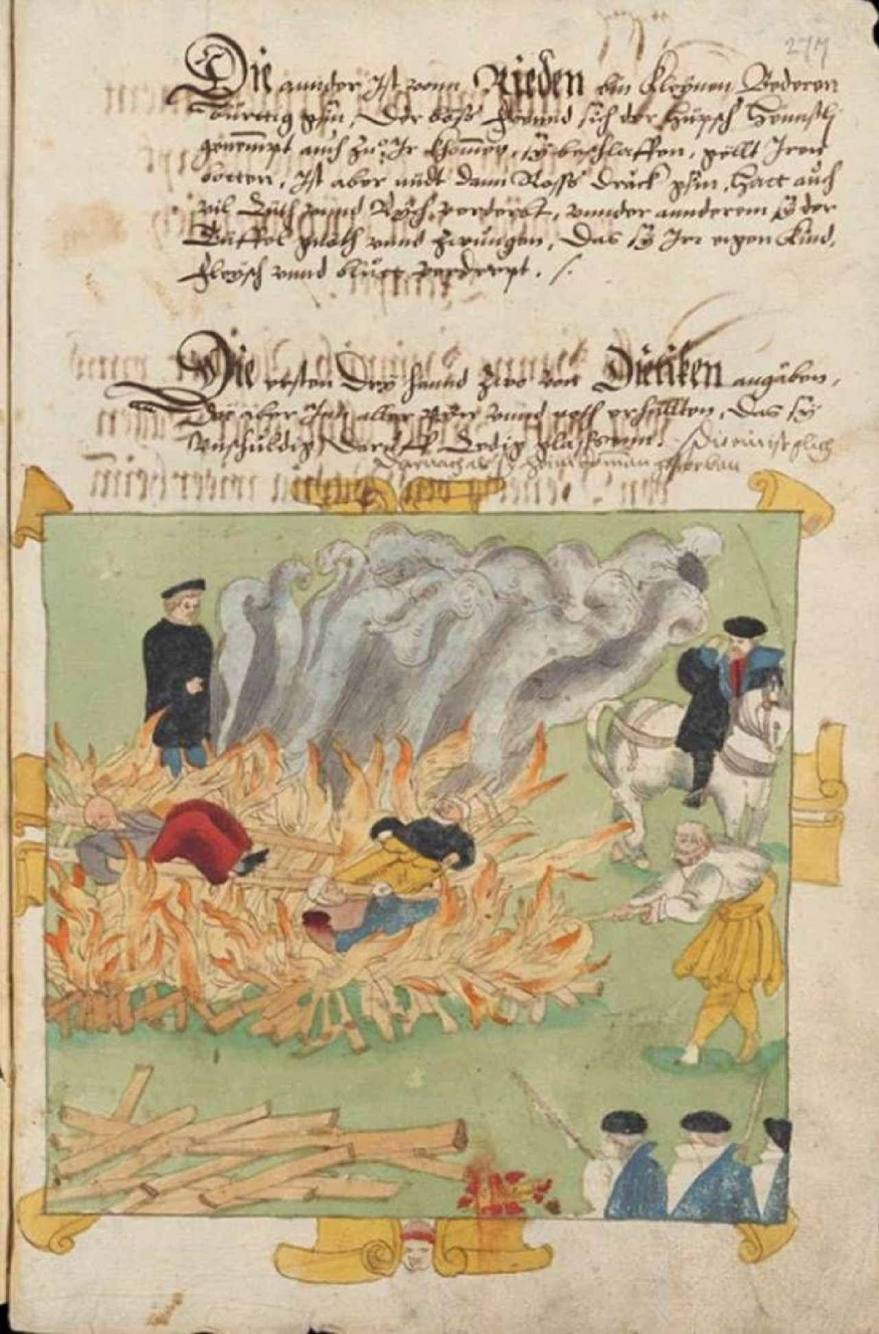Eine historische Illustration zeigt Frauen, die in einem Feuer verbrannt werden. Umstehende Figuren in mittelalterlicher Kleidung. Darüber handschriftlicher Text.