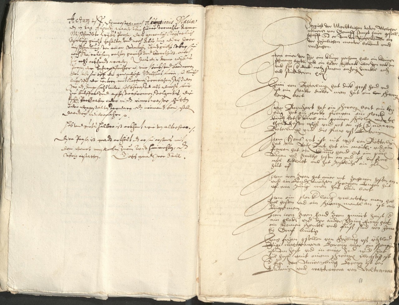 Handschriftliches Dokument auf zwei Seiten, mit dicht geschriebenem Text in deutscher Kurrentschrift. Links überwiegend Text, rechts mehrere Unterschriften und Zeilen. Blatt zeigt sichtbare Alters- und Gebrauchsspuren.