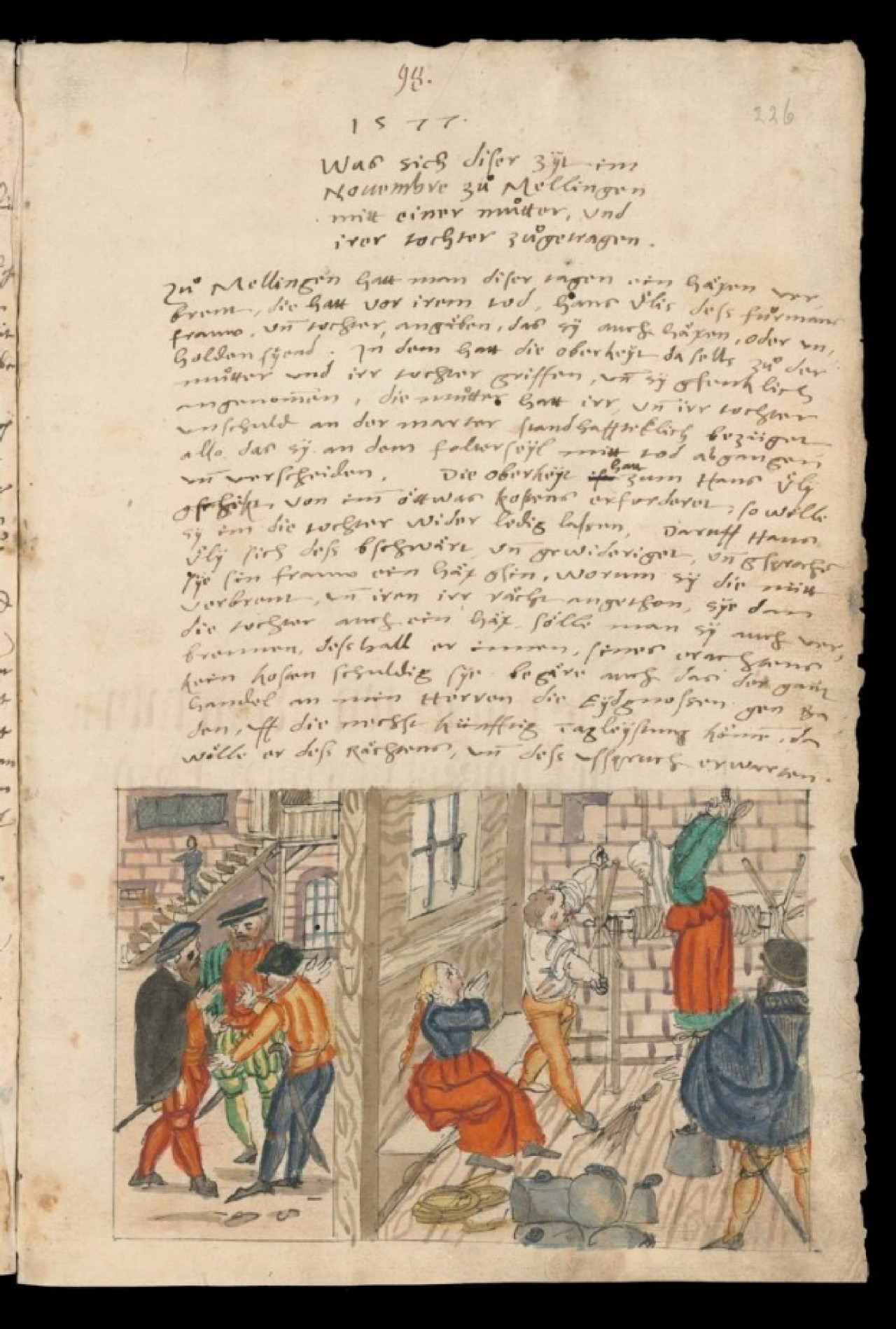 Historische Buchseite aus dem Jahr 1517 mit handgeschriebenem Text im oberen Teil und einer kolorierten Illustration im unteren Bereich, die eine Streckfolter einer Frau zeigt.